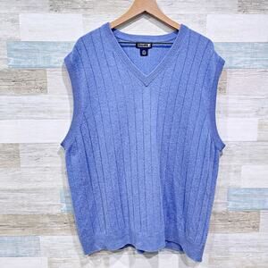 Lands End Ribbed 100% Cashmere Sweater Blue V Neck Sleeveless Mens XXL 2XL